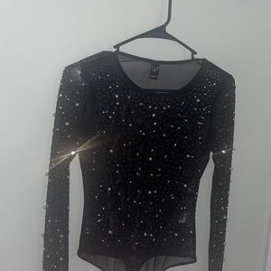 Black bodysuit with pearl and rhinestone details